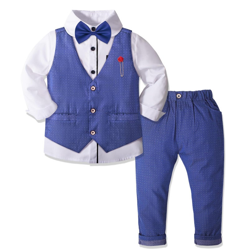 Nwada Boys Suit Set Formal Dress Shirt Bow Tie Slim Vest and Pants Toddler Boy Clothes Suits Blue - Image 2